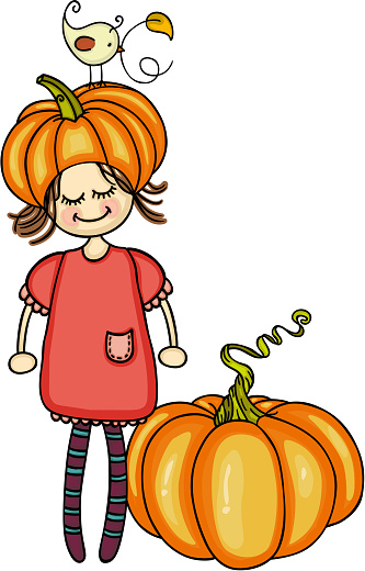 Scalable vectorial representing a autumn girl with pumpkins and little bird, element for design, illustration isolated on white background.