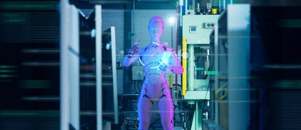 istock 3D Humanoid robot working automated in factory futuristic modern tech, computer aided manufacturing. Future digital technology AI artificial intelligence in industrial factory production line concept. 1345137577