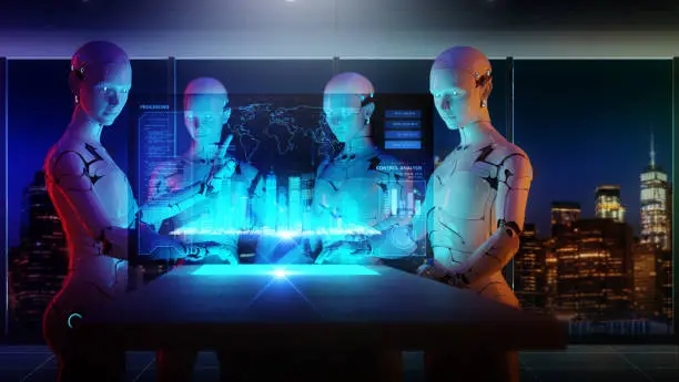 Photo of Computer aided manufacturing, future factory engineering and industrial technology, 3D robot teamwork meeting working in factory futuristic metaverse cyber digital world