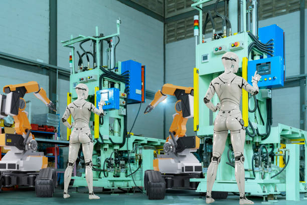istock 3D Humanoid robot working automated in factory futuristic modern tech, computer aided manufacturing. Future digital technology AI artificial intelligence in industrial factory production line concept. 1345137821