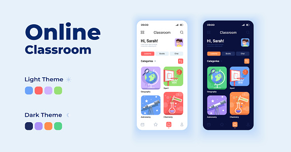 Online classroom cartoon smartphone interface vector templates set. Remote learning. Mobile app screen page day and dark mode design. School UI for application. Phone display with flat character