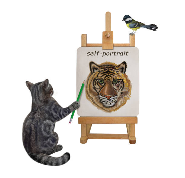 istock Cat gray artist paints his self-portrait 1345141965