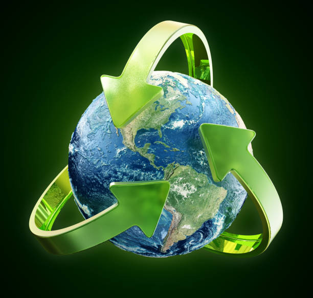 Three turning arrows around the Earth. Environmental conservation and recycling concept. Map link (Derived from): http://www.lib.utexas.edu/maps/world_maps/txu-oclc-264266980-world_pol_2008-2.jpg