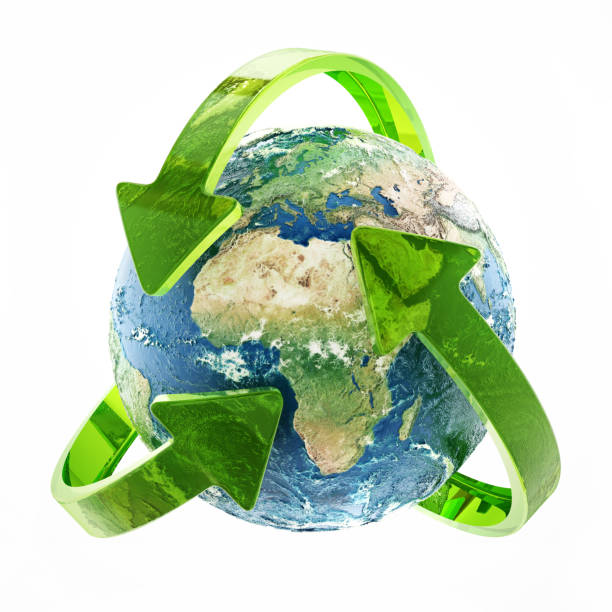 Earth with Recycling symbol on blue background metaphor Sustainability, Zero waste and Renewable or clean energy. 3D rendering.