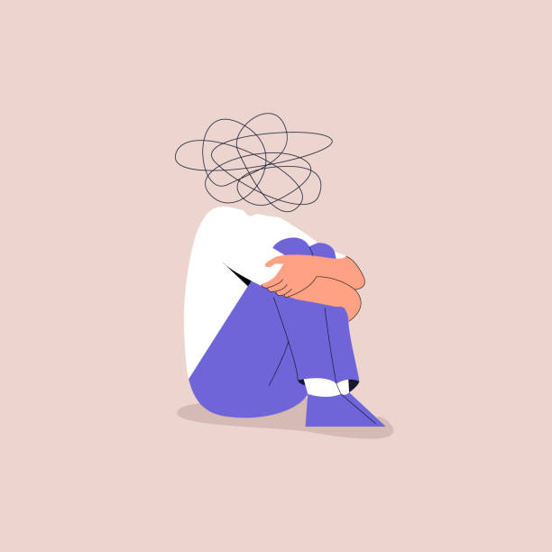 a frustrated man sits and hugs his knees. nervous problem, anxiety and confusion in thoughts. mental disorder and chaos in the head. a confusing process, a symbol of the line of chaos. eps 10. - anksiyete stock illustrations