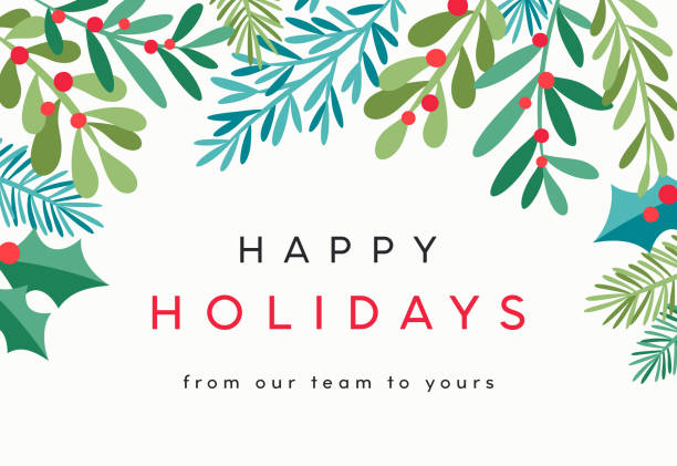 Holiday Christmas Background Holiday, Christmas background with pine tree and mistletoe branches. Greeting card, invitation template. christmas card template stock illustrations