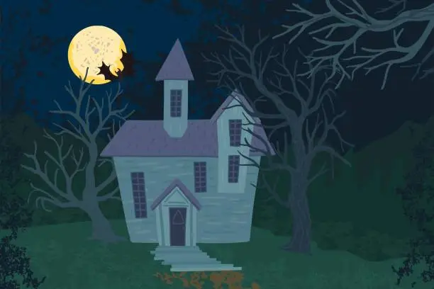 Vector illustration of Landscape of an old house and bare trees at night. Full moon at night. Illustration for Halloween, background for poster. Vector cartoon illustration