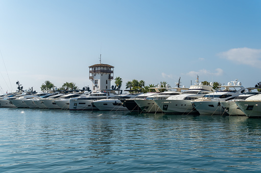Puerto Portals, Spain; october 02 2021: General view of the touristic resort of Puerto Portals on the island of Mallorca. Marina with luxury yachts moored
