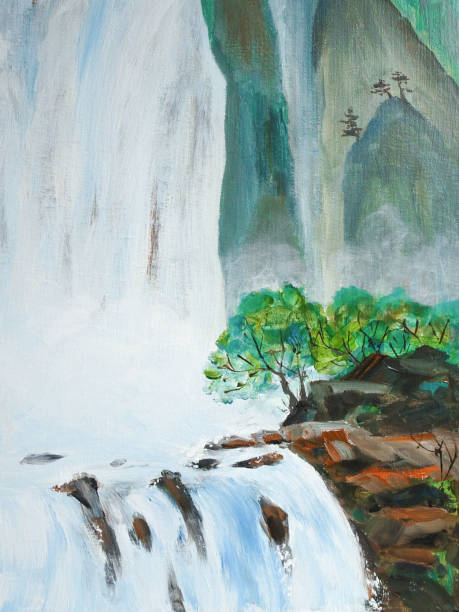 istock Oil painting waterfall in the mountains and trees on the shore 1345153359
