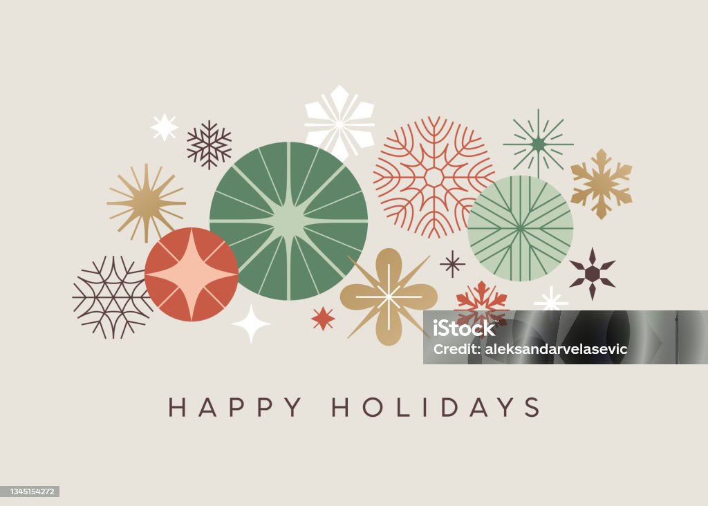 Modern Holiday Greeting Card Abstract graphic Christmas background. Modern Holiday graphics with stylized snowflakes and ornaments. Sophisticated Holiday greeting card. Christmas stock vector