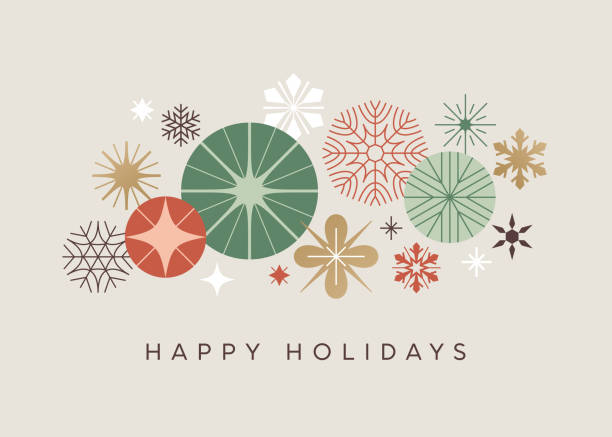 Modern Holiday Greeting Card Abstract graphic Christmas background. Modern Holiday graphics with stylized snowflakes and ornaments. Sophisticated Holiday greeting card. greeting card stock illustrations