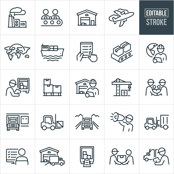 Product Distribution Thin Line Icons - Editable Stroke A set of product distribution icons that include editable strokes or outlines using the EPS vector file. The icons include a factory, product assembly line with workers, distribution warehouse, airplane used to distribute, global distribution, freight liner distributing cargo, checklist, conveyor belt with packages, distribution manager with checklist, distribution manager checking shipment, warehouse worker wearing hardhat at warehouse, palette of boxes, ship dock with cargo container, distribution managers shaking hands, semi-truck at loading dock, forklift, semi-truck transporting product, supply chain, distribution manager with bullhorn, forklift loading truck, person at computer doing product fulfillment, loaded truck with boxes, delivery person delivering package to customer and other related icons. manufacturing occupation stock illustrations