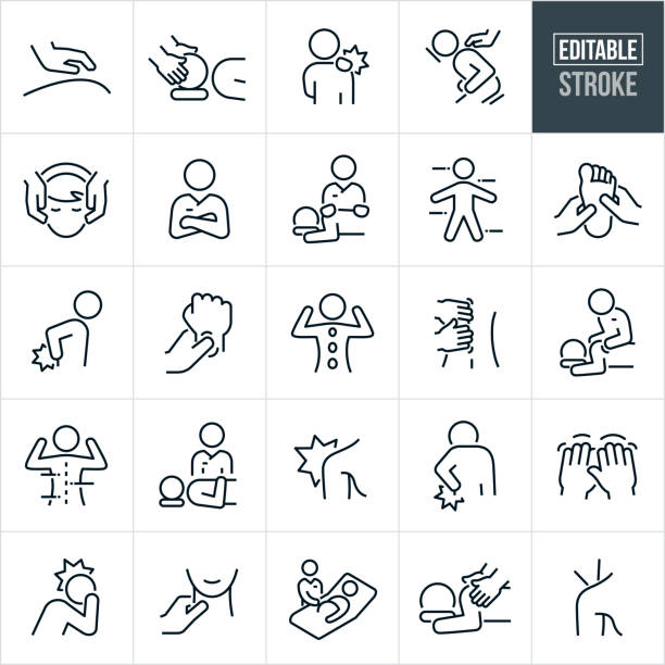 Massage Therapy Thin Line Icons - Editable Stroke A set of massage therapy icons that include editable strokes or outlines using the EPS vector file. The icons include a hand giving a massage, massage therapist massaging patients face, person with shoulder pain, person in massage chair getting massage, hands massaging woman's face, massage therapist with arms folded, masseuse working on patient by performing a massage, whole body, health and wellness, human foot getting a massage, person with lower back pain, massage for carpel tunnel syndrome, person getting hot stone therapy, masseuse therapist massaging the shoulders of a patient, person with headache, pregnant woman and massage therapist, person getting neck massaged, and a person getting acupuncture in the shoulder to name a few. massaging illustrations stock illustrations