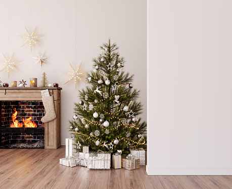 Interior de la casa con árbol de Navidad y regalos photo