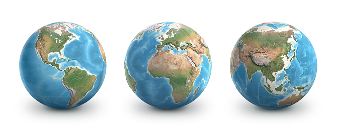 Planet Earth globes, isolated on white. Geography of the world from space, focused on America, Europe, Africa and Asia - 3D illustration (Blender software), elements of this image furnished by NASA (https://eoimages.gsfc.nasa.gov/images/imagerecords/147000/147190/eo_base_2020_clean_3600x1800.png)