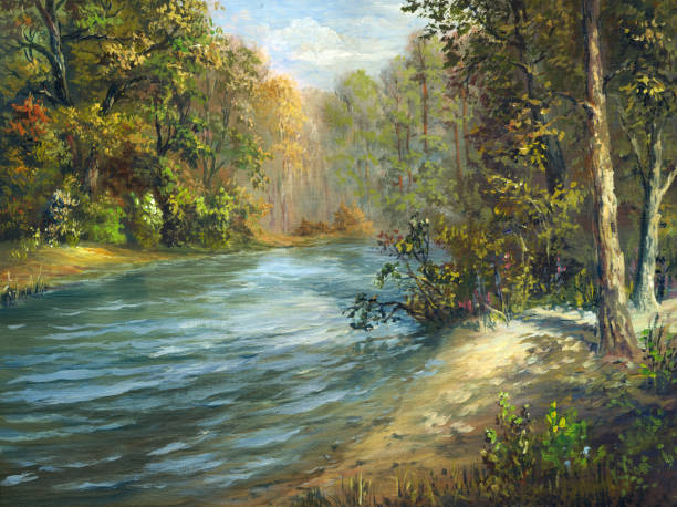 ilustrações de stock, clip art, desenhos animados e ícones de river in summer forest on a sunny day, painting - riverbank
