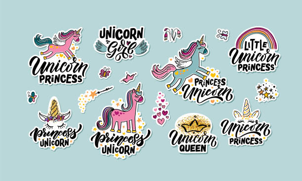 ilustrações de stock, clip art, desenhos animados e ícones de hand sketched unicorn princess vector illustration with lettering typography quotes. motivational quotes concept for children t-shirt print. unicorn logotype, badge, icon. unicorn logo, banner, flyer. eps 10 - dream time