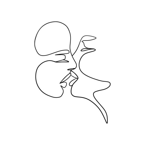 one line lovers drawing. outline kiss art, abstract doodle two faces, man woman couple minimal vector illustration - 吻 插圖 幅插畫檔、美工圖案、卡通及圖標