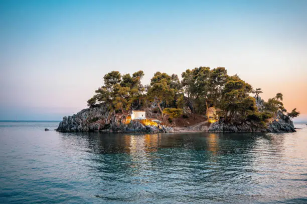 Beautiful blue sea and a little island. Shot in Parga, Greece