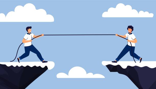 로프 사업가 두 남자 줄다리기 - 전쟁 멀티 태스킹, 성능, 타임 라인 비즈니스 프로젝트 마감 평가 및 제어의 팀 개념에서 시간 관리의 산 은유의 상단에 - tied knot rope adversity emotional stress stock illustrations