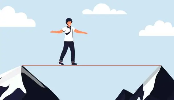 Vector illustration of Taking risk concept for success Man walking on tight rope symbol vector illustration Business risk and challenge in career path Business project deadline Time management Assessment and control