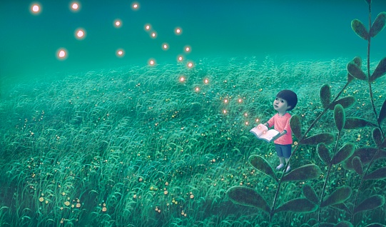 Education learning dream hope inspiration and freedom concept, A boy with  light of firefly from imagination book. surreal painting. Fantasy art, conceptual artwork, happiness of child , 3d illustration