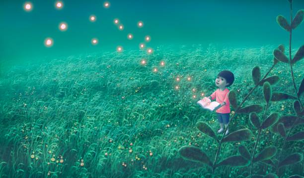 book Education learning dream hope inspiration and freedom concept, A boy with light of firefly from imagination book. surreal painting. Fantasy art, conceptual artwork, happiness of child , 3d illustration optimism background stock illustrations