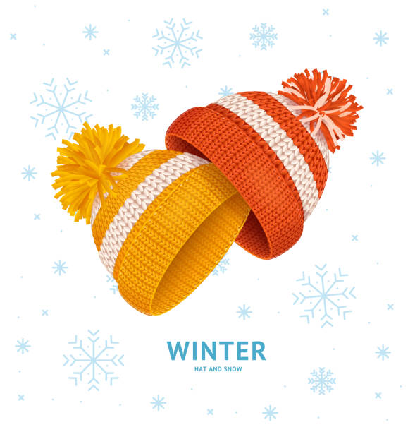 Winter Time Concept with Realistic Detailed 3d Knitted Hats with Pompons. Vector Winter Time Concept with Realistic Detailed 3d Knitted Hats with Pompons and Thin Line Icons . Vector illustration weather protection clothing stock illustrations