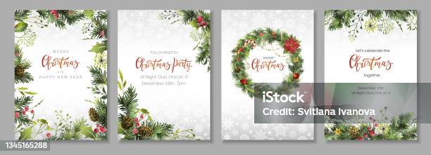 Merry Christmas Corporate Holiday Cards Flyers And Invitations Floral Festive Frames And Backgrounds Design-vektorgrafik och fler bilder på Jul