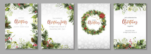 merry christmas corporate holiday cards, flyers and invitations. floral festive frames and backgrounds design. - christmas stock illustrations