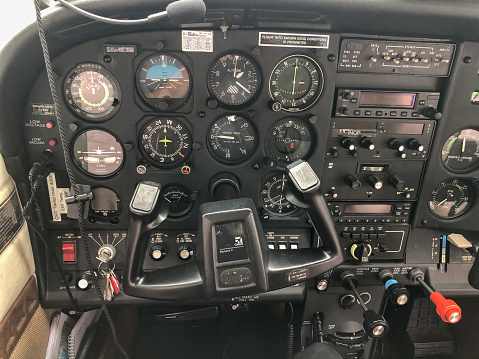 HOHENEMS, AUSTRIA, JUNE 15, 2020 Cessna 182 analog instruments in the cockpit