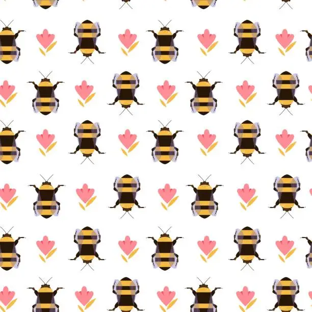 Vector illustration of Seamless vector pattern with bumble bee and flower elements. Background with insects