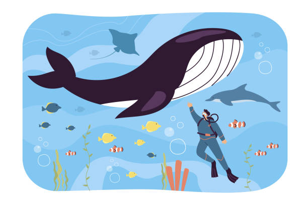 istock Tiny cartoon scuba diver swimming in ocean or aquarium 1345171857