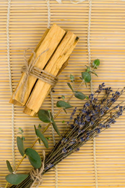 bastoncini di legno palo santo su stuoia di bambù. - lavender mint tea foto e immagini stock