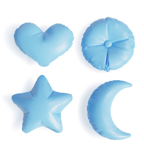 realistyczne szczegółowe niebieskie poduszki 3d o różnym kształcie. wektor - pillow cushion bed textile stock illustrations
