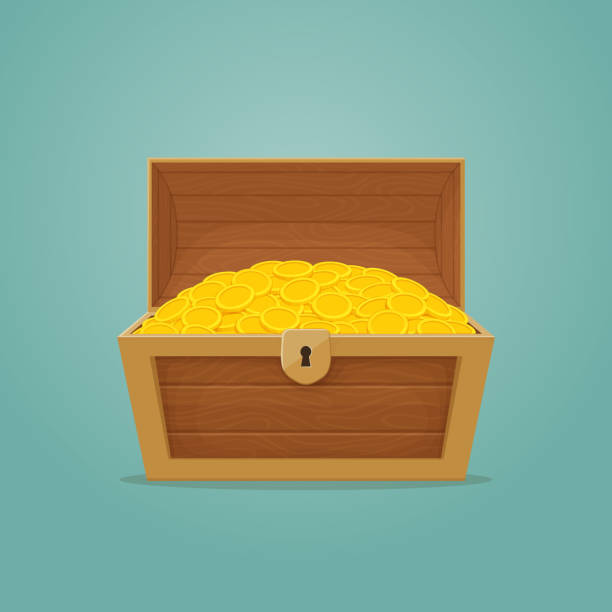 old wooden chest with open lid full of gold coins. pirate treasure, reward, cash, money icon. cartoon style illustration. vector. - chest 幅插畫檔、美工圖案、卡通及圖標
