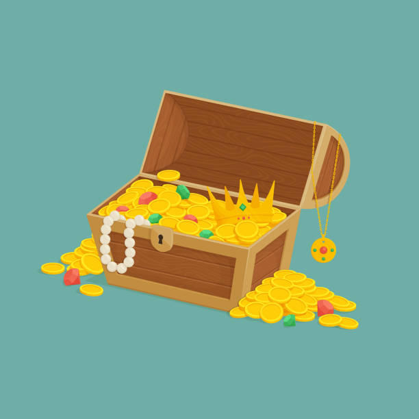 ilustrações de stock, clip art, desenhos animados e ícones de old wooden chest with open lid full of gold with piles of coins, gemstones, pearl necklace and a golden crown. pirate treasure, reward. cartoon style illustration. vector. - pilha roupa velha