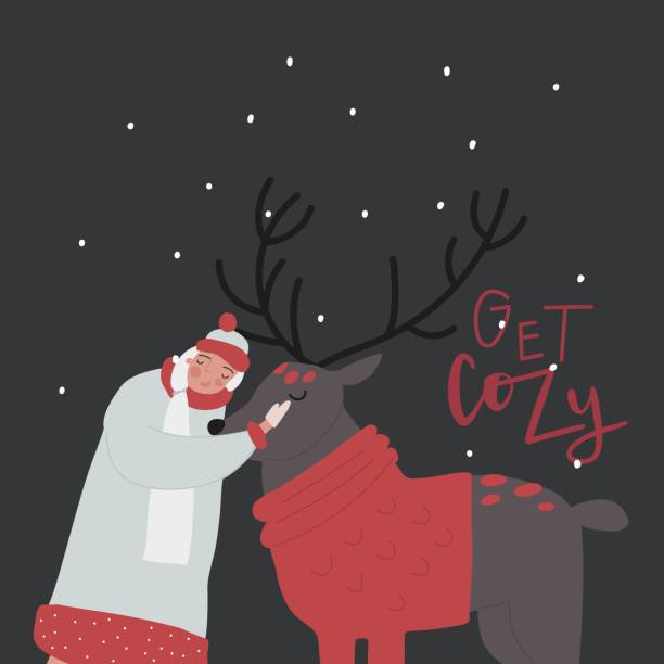 снежная дева рисованный мультяшный персонаж, северный олень в вязаном свитере - snow maiden stock illustrations