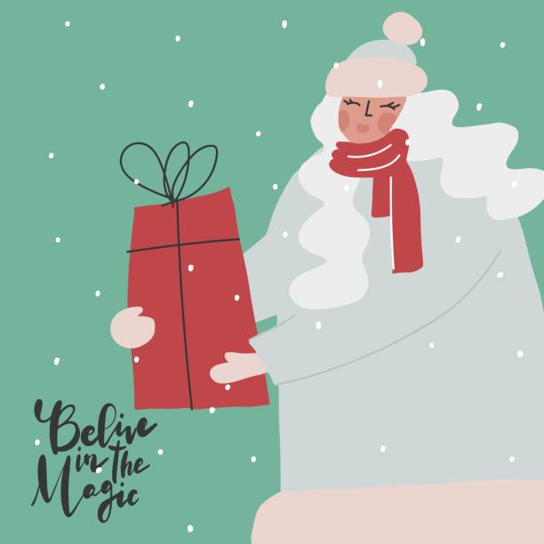 снегурочка с подарком, цитата с надписью: верьте в магию - snow maiden stock illustrations