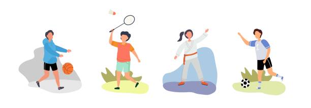 счастливые дети, играющие в спортивную игру - tennis child sport cartoon stock illustrations