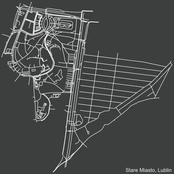 Vector illustration of Dark negative street roads map of the Stare Miasto district of Lublin, Poland