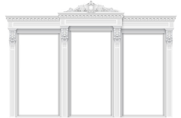 Classic white architectural door facade frame Classic architectural window or door facade decor for the frame. Set of vector elements. Transparent shadow. arch architectural feature stock illustrations
