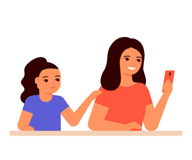 Interested mother using in smartphone and ignore child girl. Sad daughter asks for attention to herself. Vector illustration Interested mother using in smartphone and ignore child girl. Sad daughter asks for attention to herself. Vector my stepmom stock illustrations