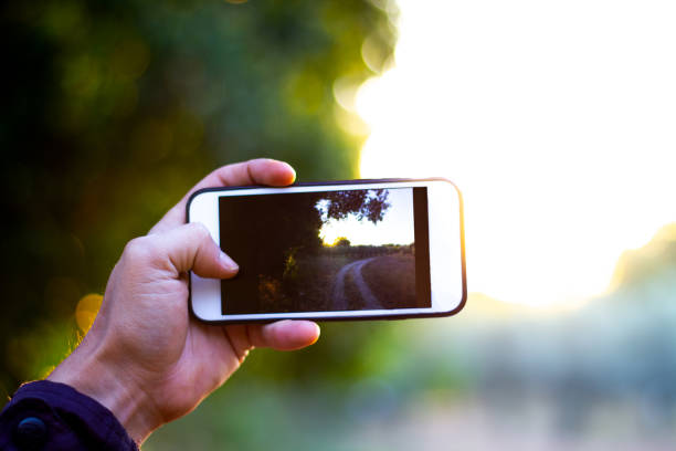 istock Man taking photo with phone on plateau in sunset light 1345179086