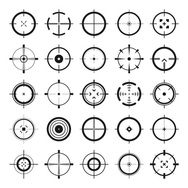 ilustrações de stock, clip art, desenhos animados e ícones de crosshair, gun sight vector icons. bullseye, black target or aim symbol. military rifle scope, shooting mark sign. targeting, aiming for a shot. archery, hunting and sports shooting. game ui element - rifle hunting gun rifle sight