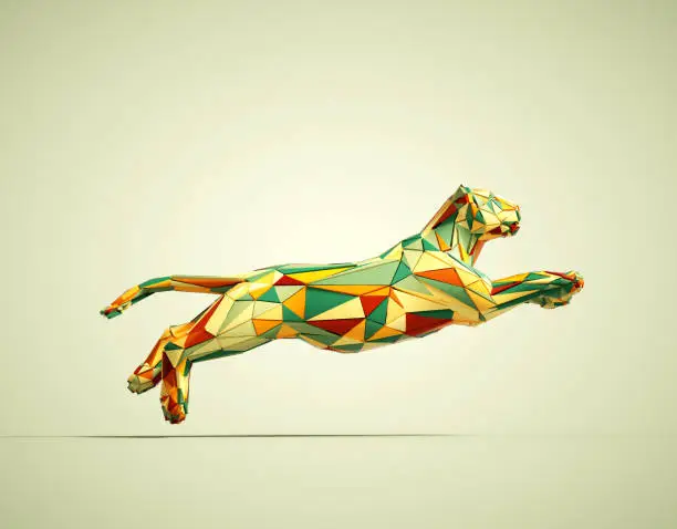 Photo of Colorful low poly puma on yellow background. This is a 3d render illustration