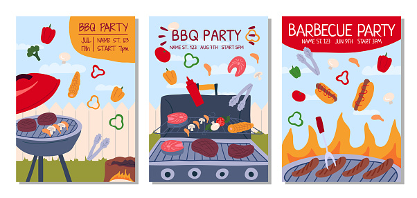 Cartoon Color BBQ Party Concept Banner Poster Card Flyer Templates Set Flat Design Style. Vector illustration of Barbecue or Barbeque Picnic