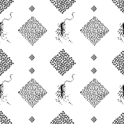 Animalistic abstract background with black hand drawn elements and tigers stripes. Modern vector seamless pattern.