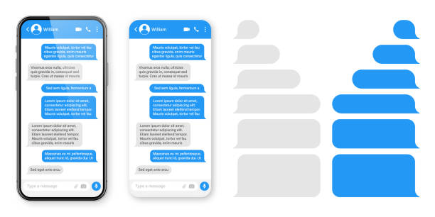 ilustraciones, imágenes clip art, dibujos animados e iconos de stock de smartphone realista con aplicación de mensajería. marco de texto sms en blanco. pantalla de chat de conversación con burbujas de mensajes azules. aplicación de redes sociales. ilustración vectorial - mail keyboard button