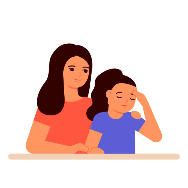 Mother supports and understands sad girl of child, help in family. Hug, love and care for mom and daughter. Vector illustration Mother supports and understands sad girl of child, help in family. Hug, love and care for mom and daughter. Vector my stepmom stock illustrations